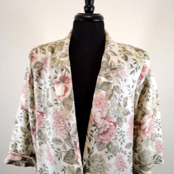 Joanna Sport Women Jacket Beige Floral Boyfriend Blazer Size Medium Vintage Rose - Picture 5 of 12